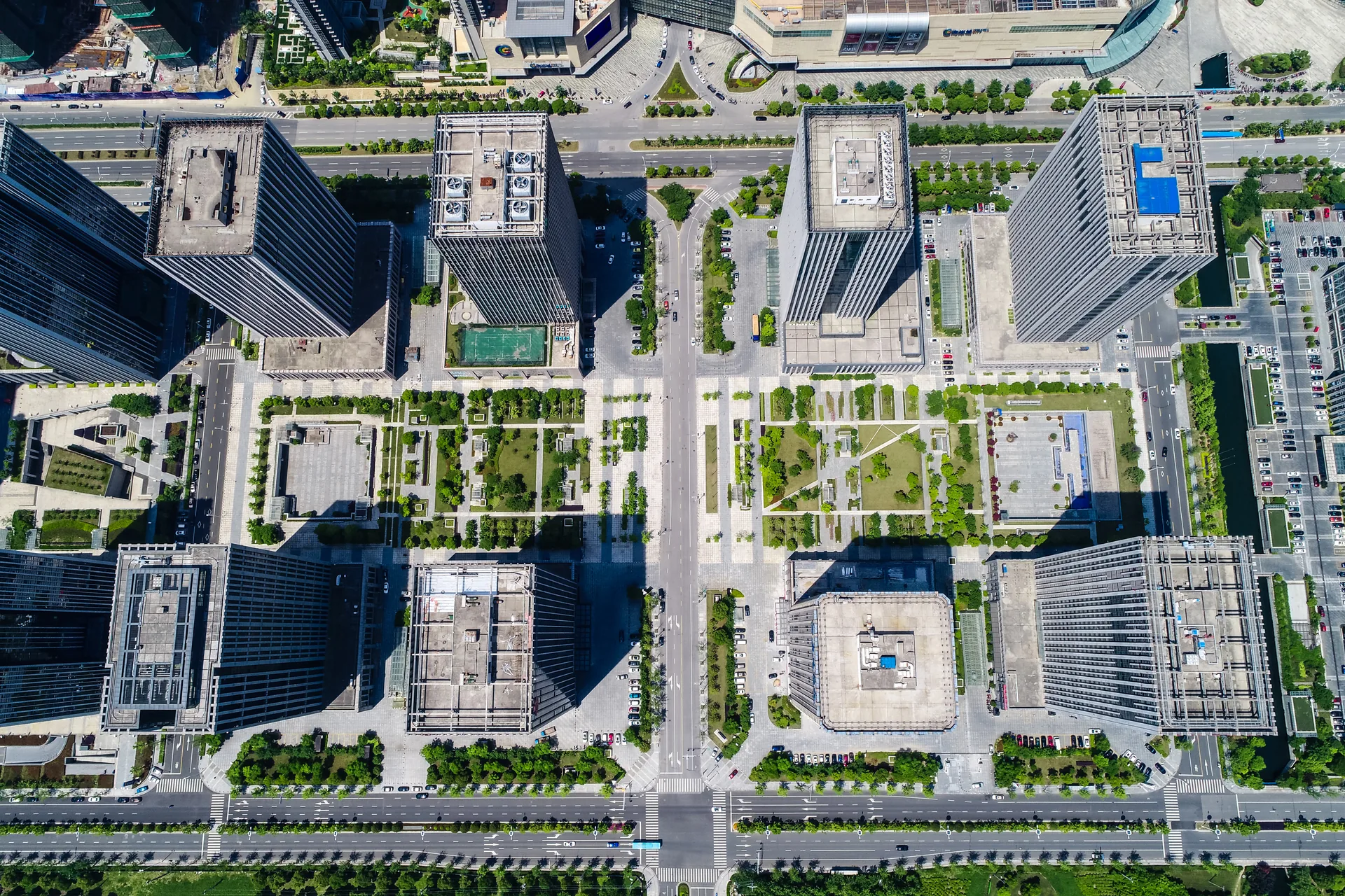 Aerial drone photograph of a high-rise condominium property