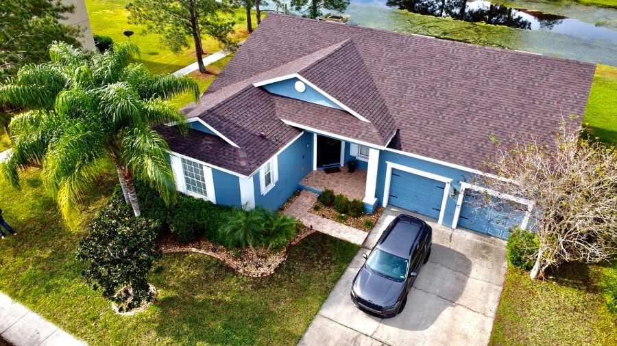 Aerial drone view of a residential roof
