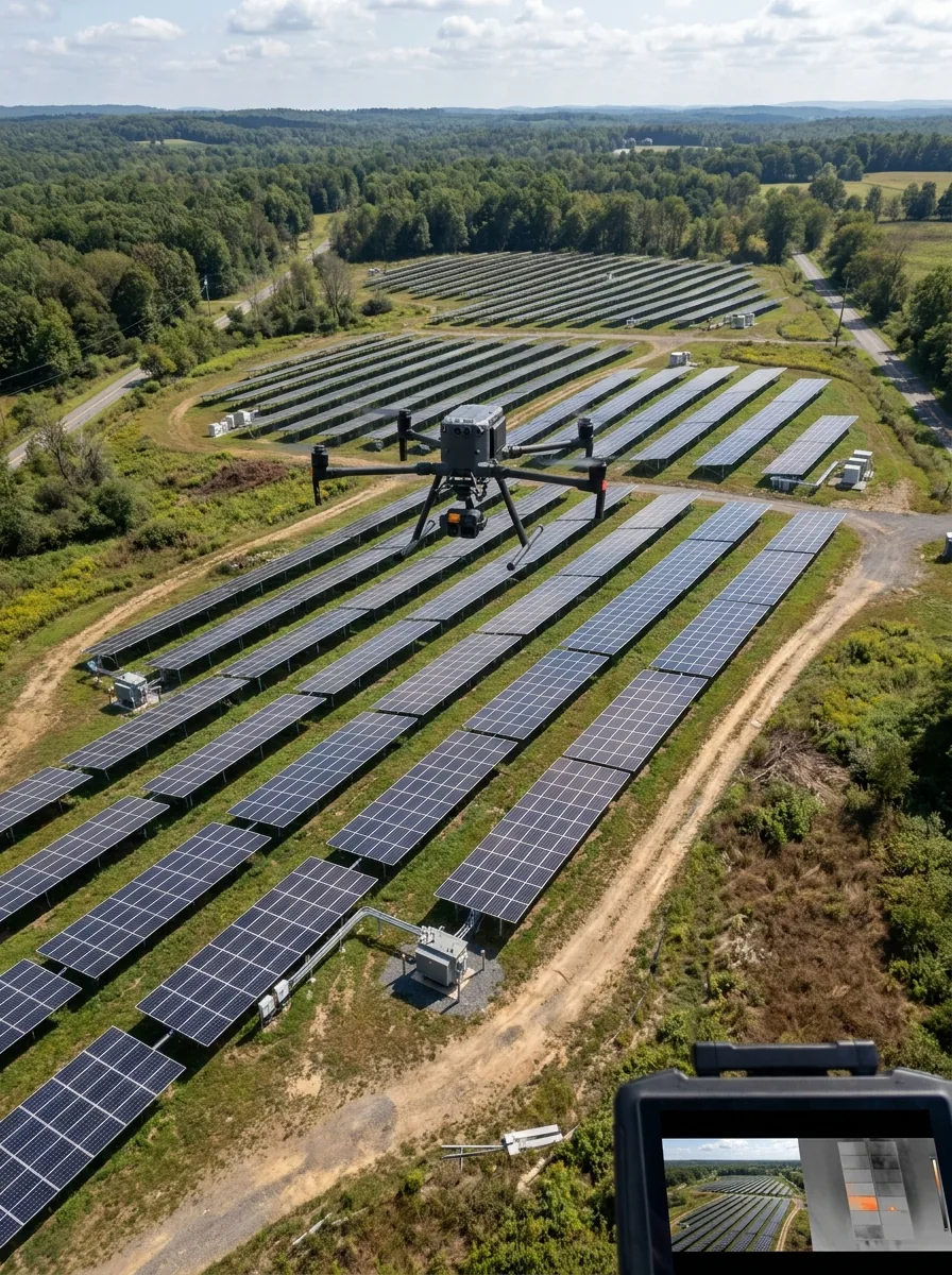 Inspection drone with thermal camera surveying a ground-mounted solar farm, controller showing a thermal hotspot
